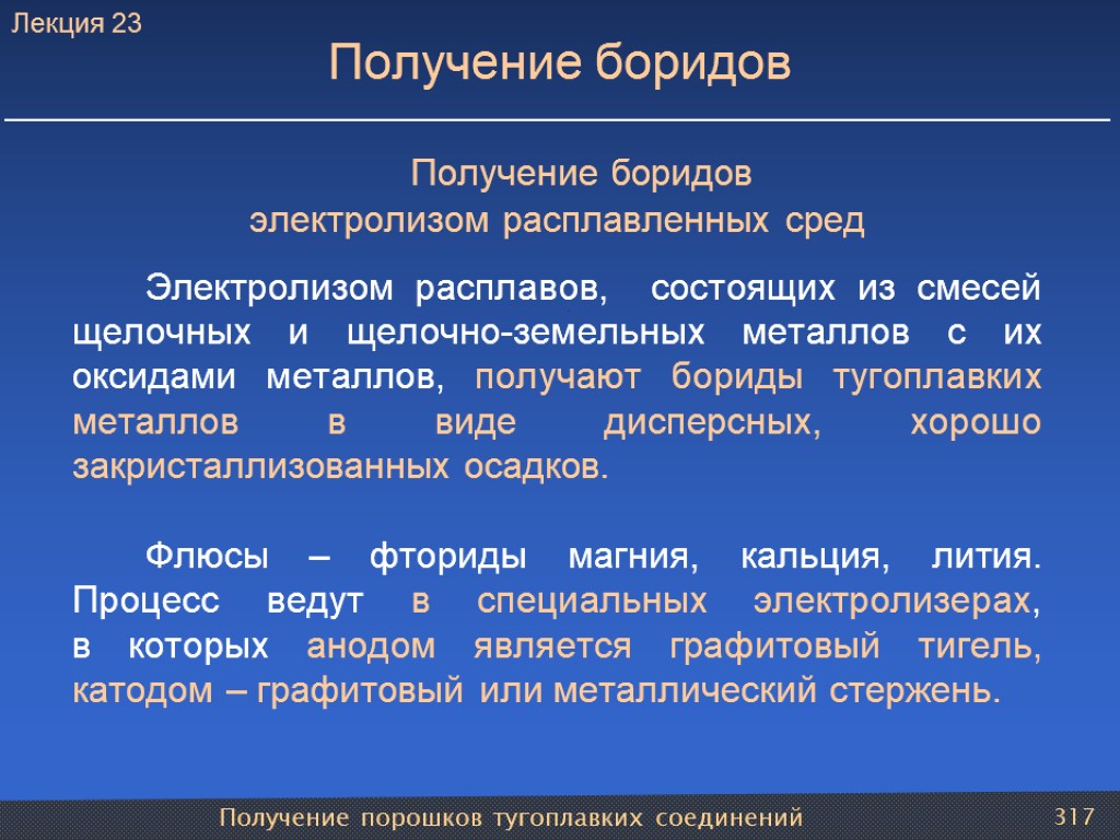 Получение порошков тугоплавких соединений 317 Получение боридов Получение боридов электролизом расплавленных сред Электролизом расплавов,